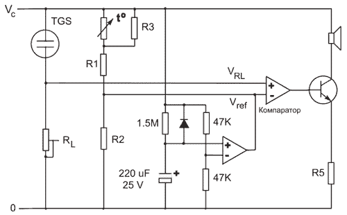 Принципиальная схема подключения датчика водорода TGS821 (типичная схема подключения)