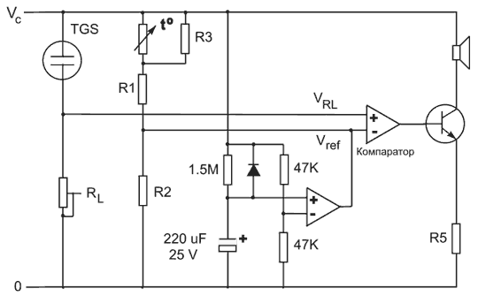 Принципиальная схема подключения датчика метана TGS2611-Е00 с фильтром (типичная схема подключения)