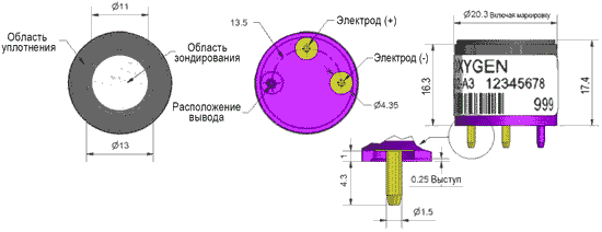 Внешний вид и габаритные размеры датчика O2-A3 на кислород